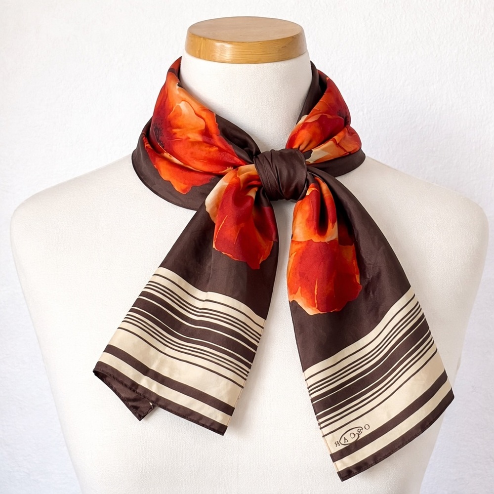 Oscar de la Renta  Vintage Brown Red Poppy Silk Satin Oblong Scarf designer